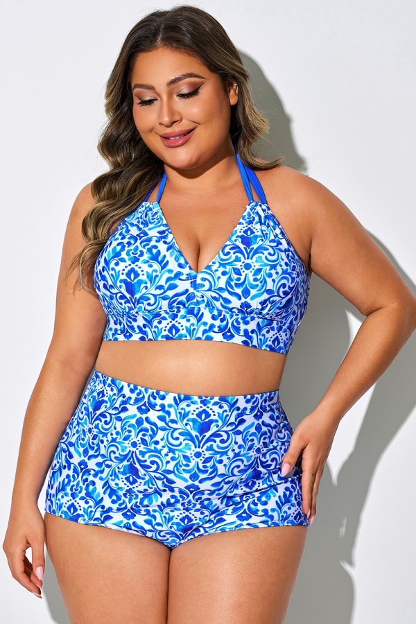 Top de bikini con cuello en V y lazo floral en color azul porcelana