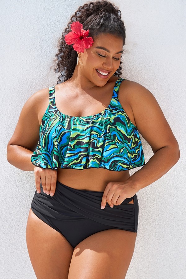 Top De Bikini Negro Escote Redondo Con Estampado Abstracto