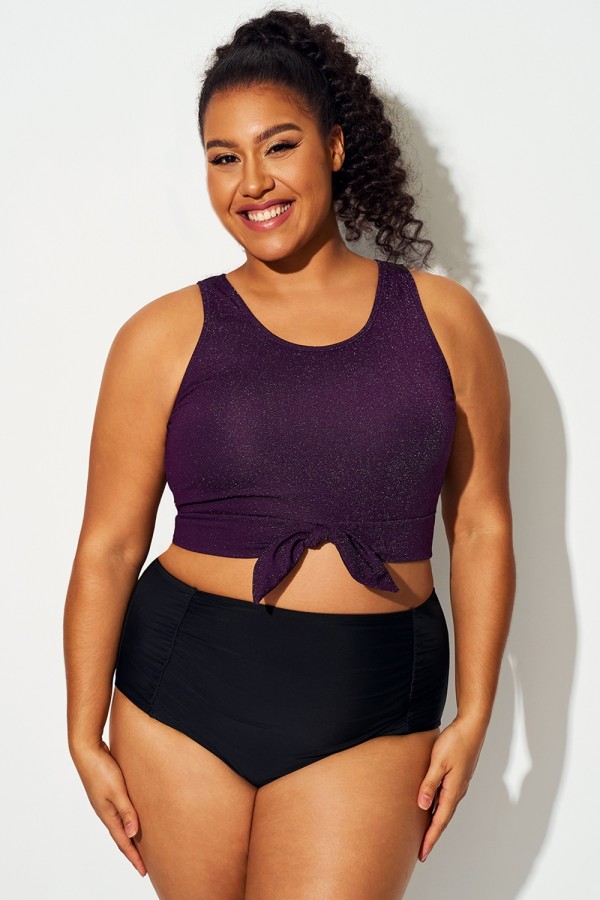 Top de bikini corto anudado morado con purpurina de talla grande