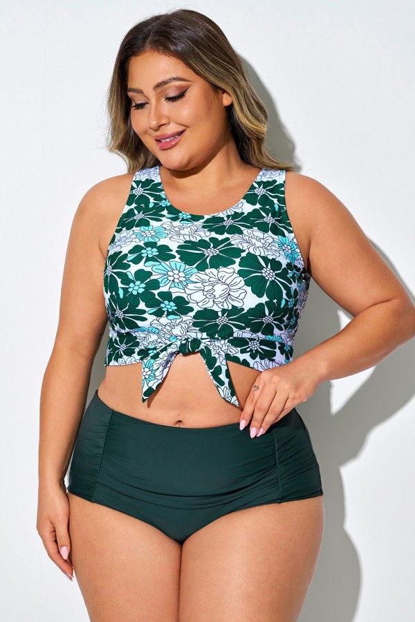 Top de bikini corto anudado con estampado floral verde y blanco