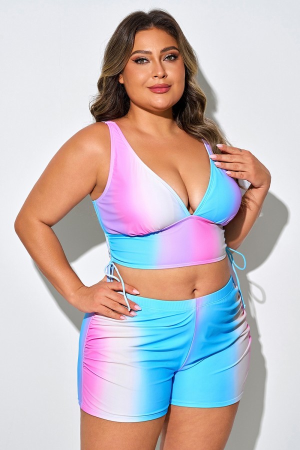 Top De Bikini Adelgazante De Cintura Alta Con Estampado Colorido De Talla Grande