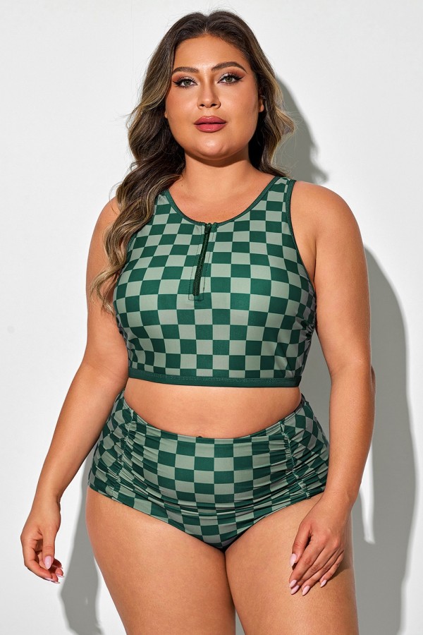 Top de bikini con cremallera frontal y estampado de cuadros verdes