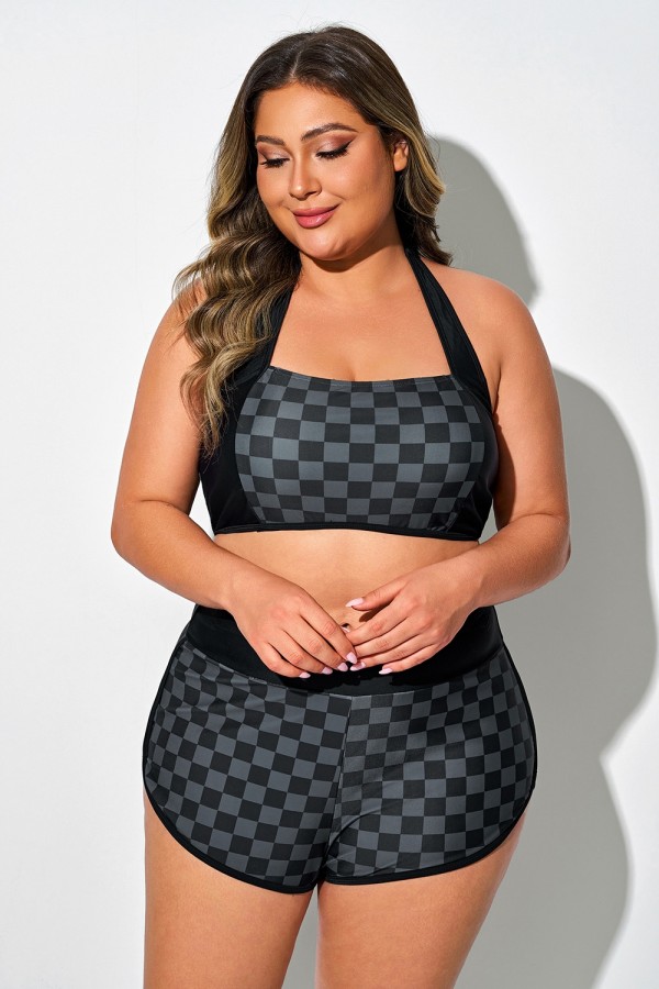 Top de bikini negro a cuadros con cuello halter recto
