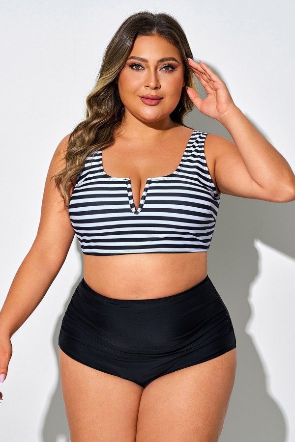Top de bikini con escote en V y rayas blancas y negras