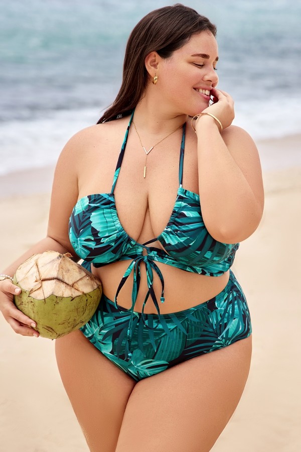 Top de bikini halter con escote en V profundo y tiras cruzadas