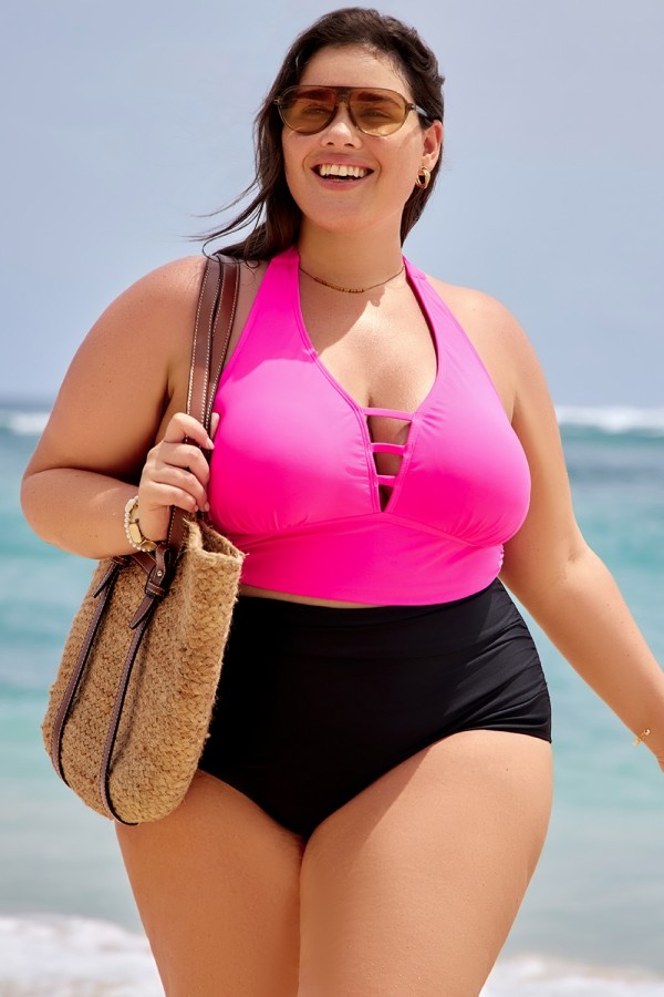 Top de bikini con cuello en V profundo y halter rosa brillante