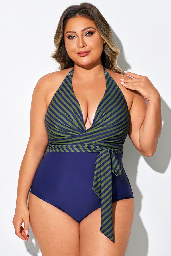 Traje de baño de una pieza con escote halter y efecto cruzado a rayas verdes y azules