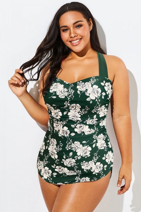 Traje De Baño De Una Pieza Verde Pareo Delantero Con Estampado Floral