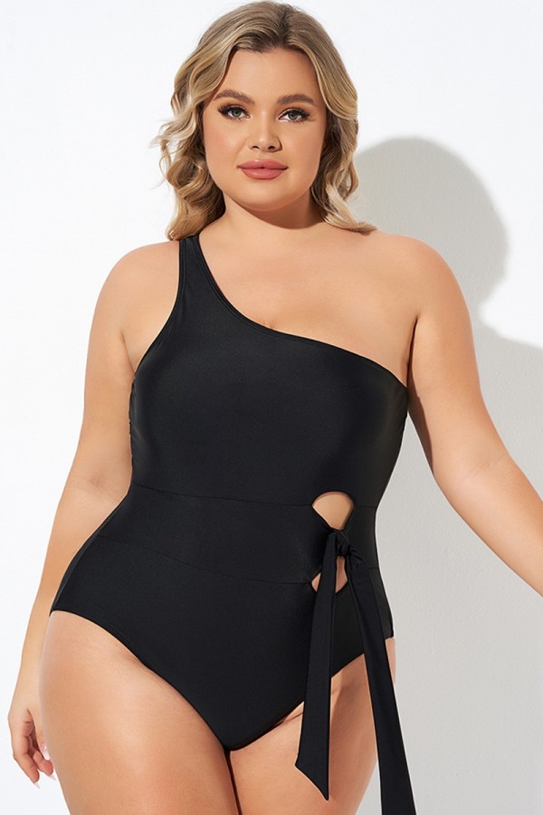 Traje de Baño de Una Pieza Negro con Un Hombro Lazo