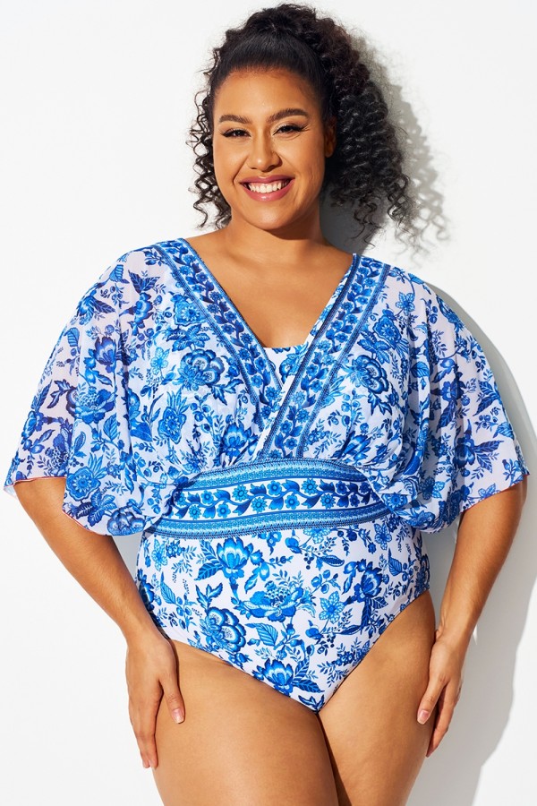 Traje de baño de una pieza con patchwork de malla de porcelana azul y blanca