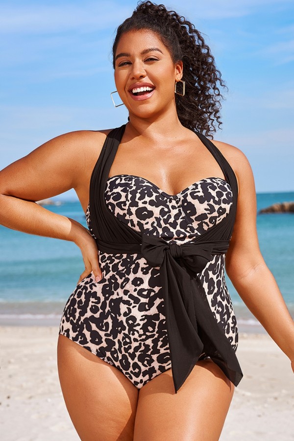 Traje De Baño De Una Pieza Multiposición Con Bandeau Y Estampado De Leopardo