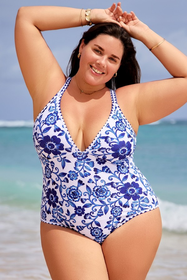 Traje De Baño De Una Pieza Con Estampado De Porcelana Azul Y Blanca