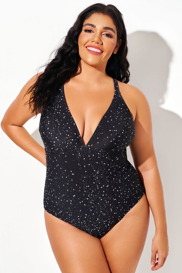 Traje de baño de una pieza con escote en V y estampado de estrellas blancas y negras