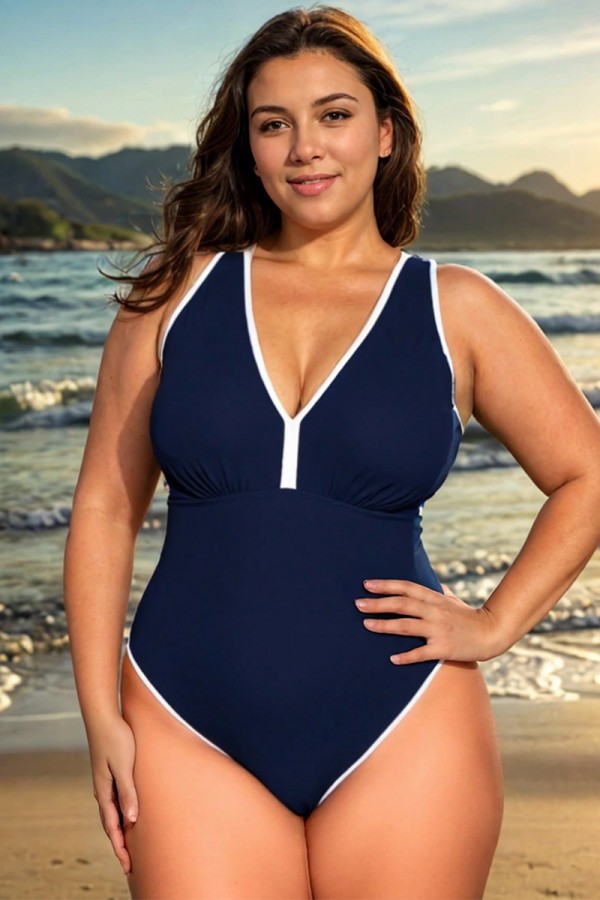 Traje de baño de una pieza elegante con cuello en V en azul oscuro de talla grande
