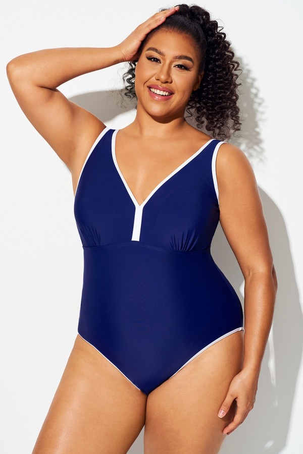 Traje De Baño De Una Pieza Elegante Con Cuello En V En Azul Oscuro De Talla Grande