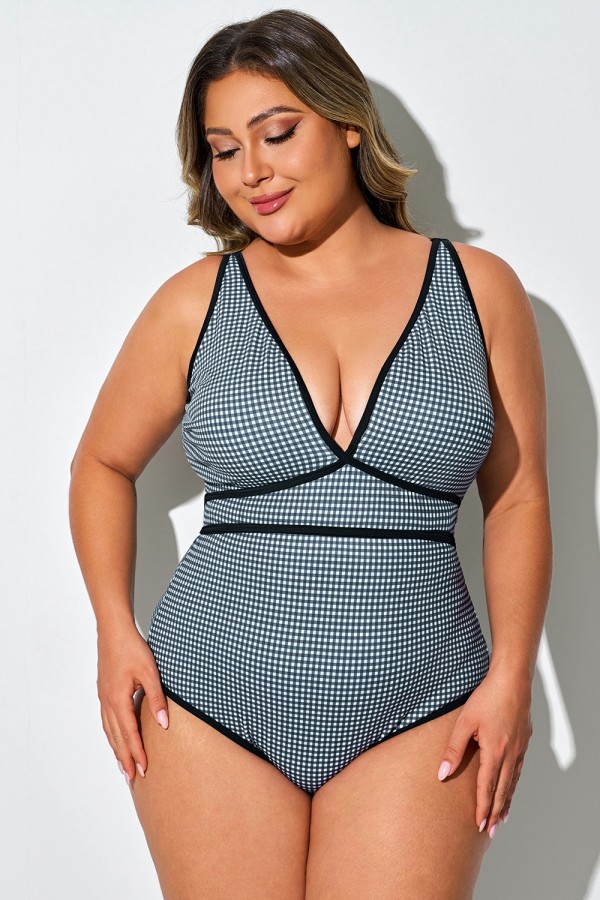Traje de baño de una pieza con tirantes finos y cordones a cuadros en blanco y negro