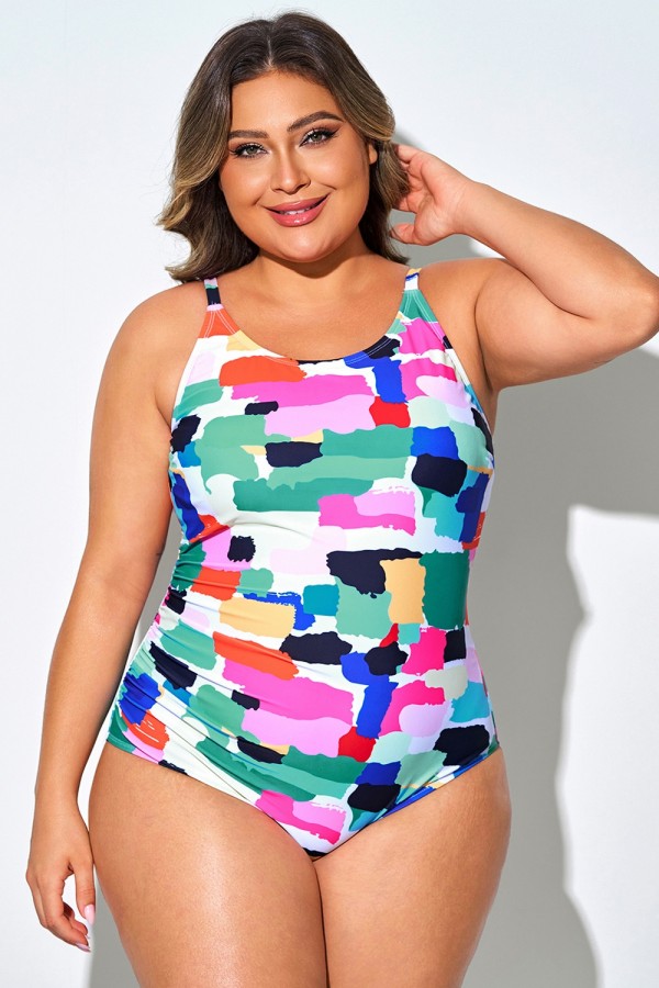 Traje de baño de una pieza con bloques multicolor estilo festivo