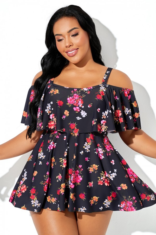 Vestido de baño con volantes y hombros descubiertos con estampado floral multicolor