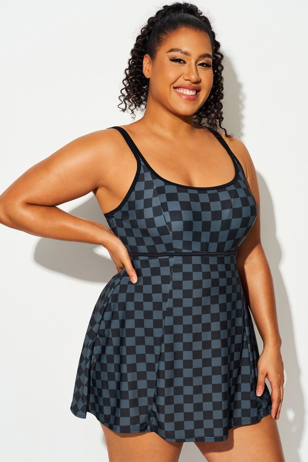 Traje de baño fluido con tirantes dobles a cuadros negros