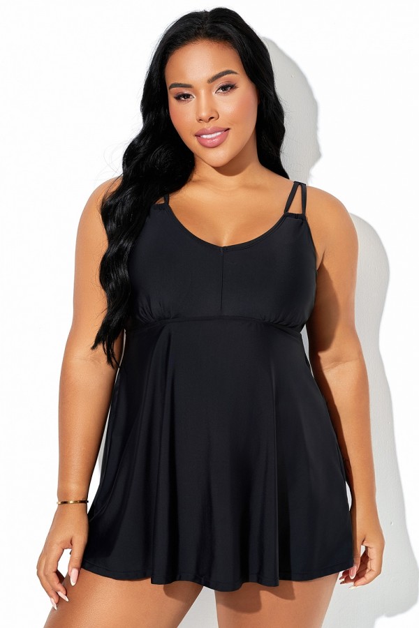 Traje de baño negro con escote en V y doble tirante