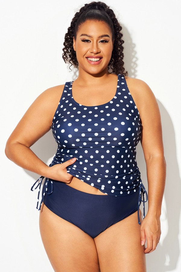 Top de bikini con espalda nadadora y lunares en azul marino y blanco de talla grande