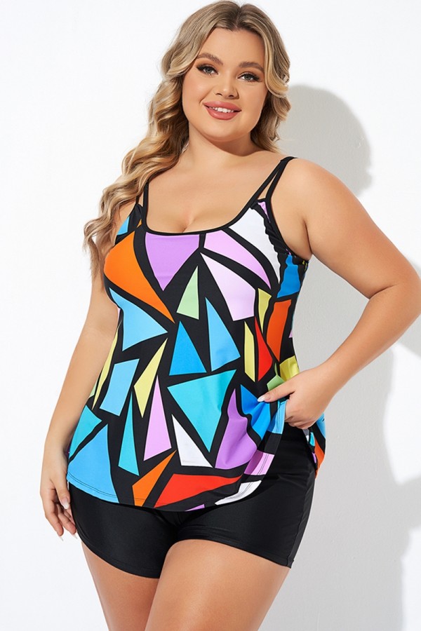 Top de Tankini Colorido Tira Ajustable con Geométrico Estampado