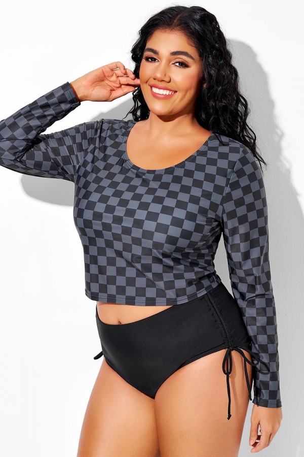 Tankini de manga larga y cuello redondo a cuadros negros y grises