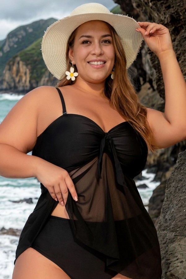 Top Tankini Con Superposición De Malla Frontal Y Nudo De Talla Grande