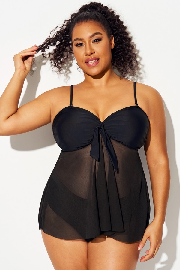 Top Tankini Con Superposición De Malla Frontal Y Nudo De Talla Grande