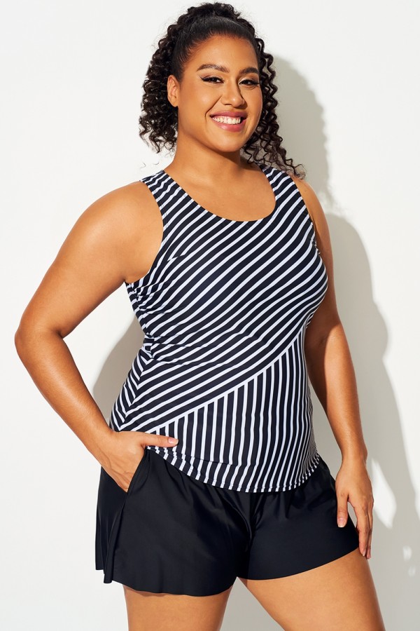 Tankini de cuello alto a rayas de talla grande