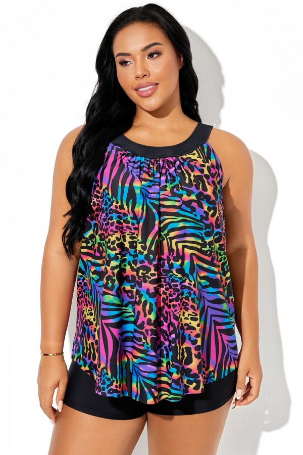 Top tankini sin mangas con estampado de leopardo colorido