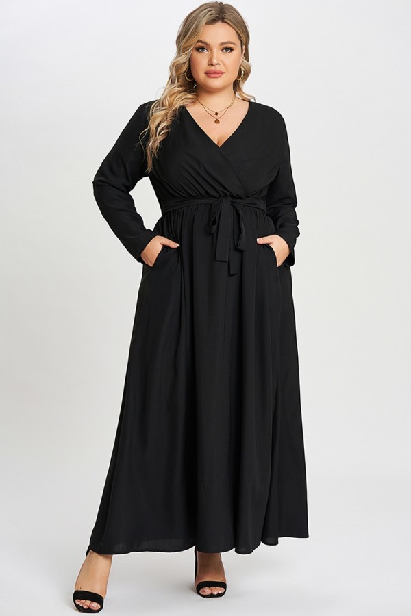 Vestido Negro Sólido Cruzado Anudado con Bolsillo para Mujer