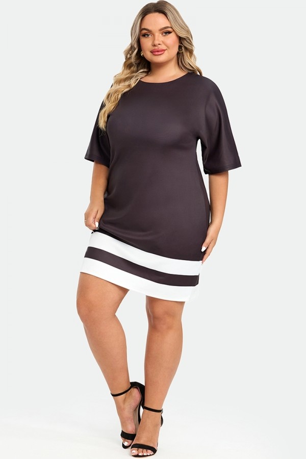 Vestido Midi Negro y Blanco de Cuello Redondo con Manga Corta