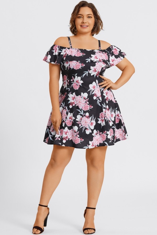 Vestido Midi Manga Acampanada con Floral Estampado sin Hombros