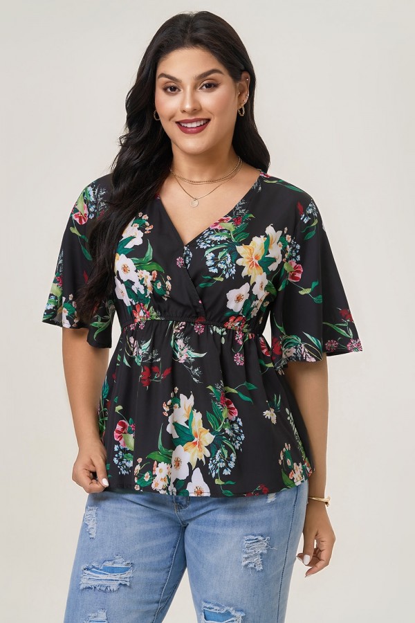 Top V-cuello Malla Volantes con Floral Estampado