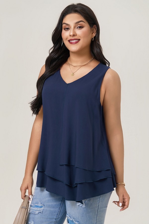 Top informal holgado con cuello en V sin mangas y en capas