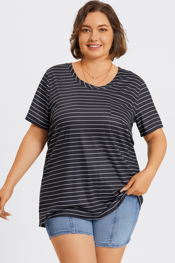 Top de V-cuello Bolsillo Delantero de Manga Corta a Rayas