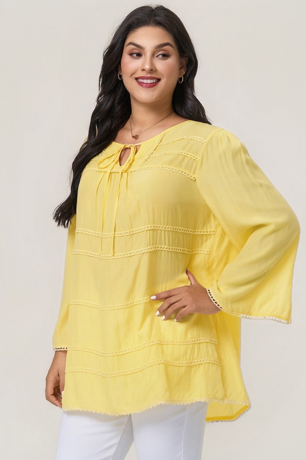 Blusa Amarillo Cuello Anudado Manga Larga de Talla Grande