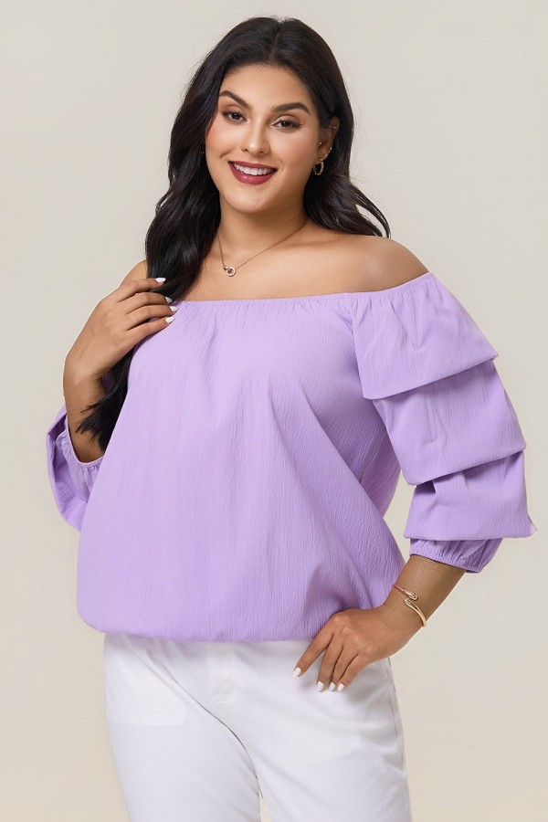 Top Lavanda de Manga Larga Elástico sin Hombros