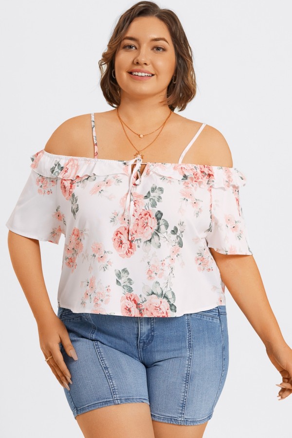 Blusa Lazo Frontal Volante con Floral Estampado sin Hombros 