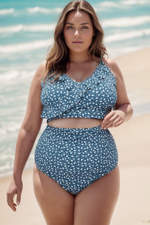 Top De Bikini De Talla Grande Elegante Volantes Detalles Con Estampado Floral