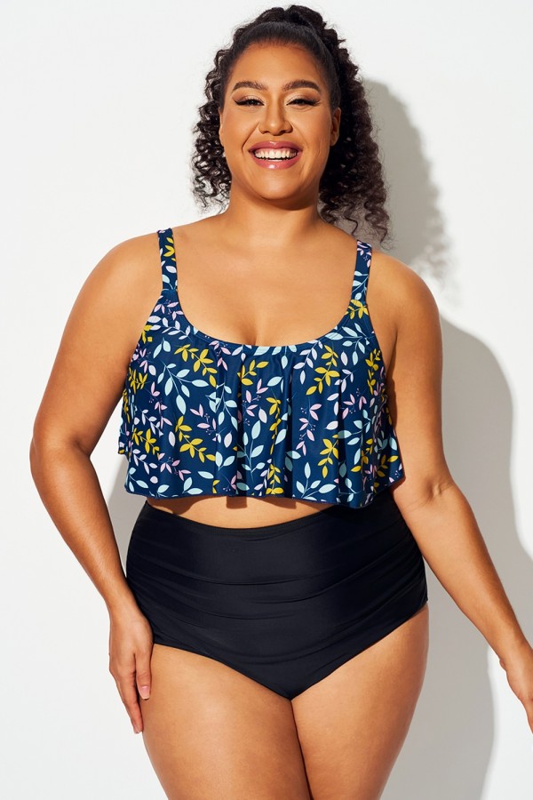 Top de bikini con volantes y cuello redondo con estampado de hojas de colores
