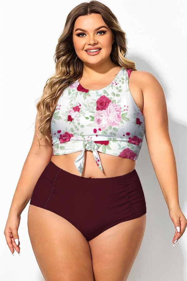 Top de bikini corto anudado con estampado floral en color vino tinto