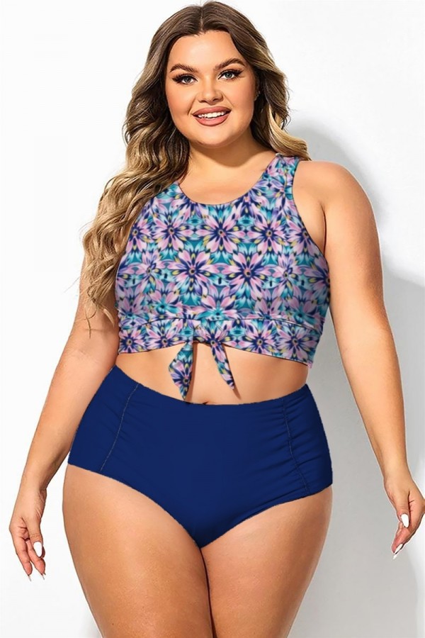Top de bikini con estampado floral azul y rosa