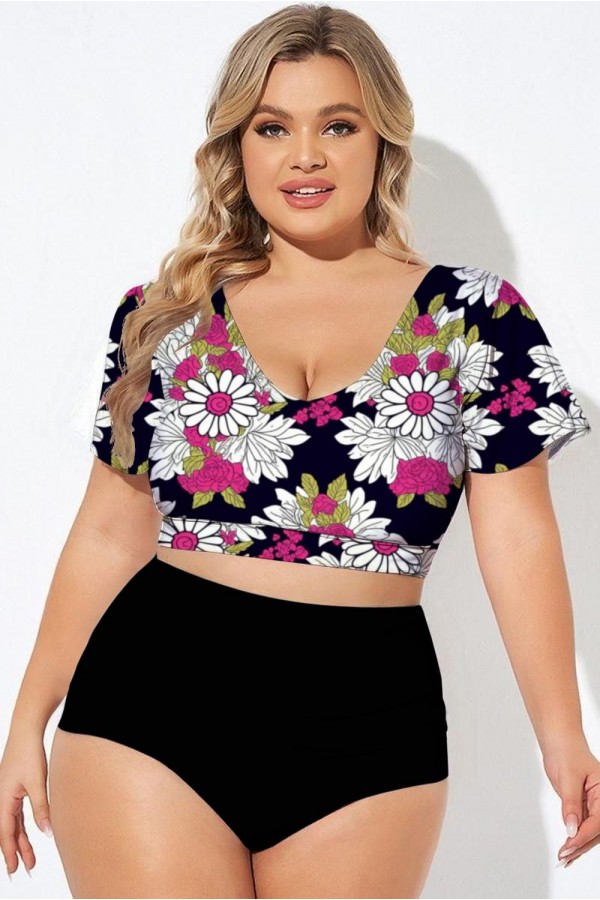 Elegante top de bikini con mangas onduladas y estampado negro