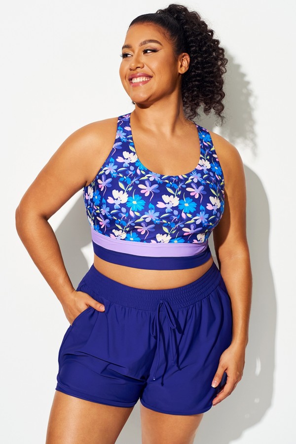 Top De Bikini Morado Con Cuello Redondo Y Estampado Floral De Patchwork, Talla Grande