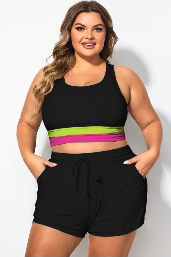 Top de bikini de talla grande con patchwork en contraste rosa y verde
