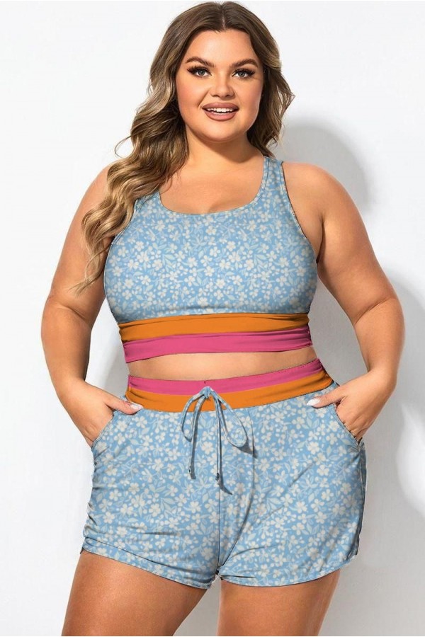 Top de bikini de patchwork con cuello redondo y flores azules