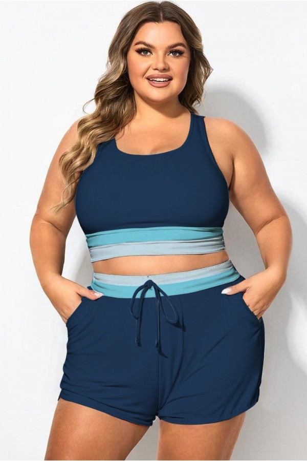 Top de bikini de mujer con tirantes anchos y patchwork azul océano