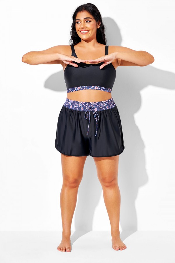 Pantalones Cortos Con Cordones Y Estampado Floral En Bloques De Color, Talla Grande